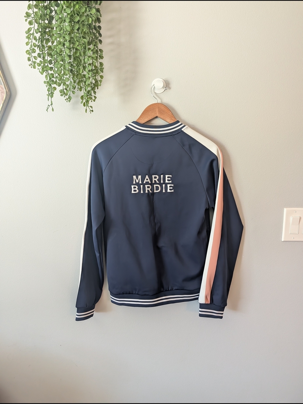 Marie Birdie Navy Athletic Bomber Jacket with Pink & White Stripes Sz Xl